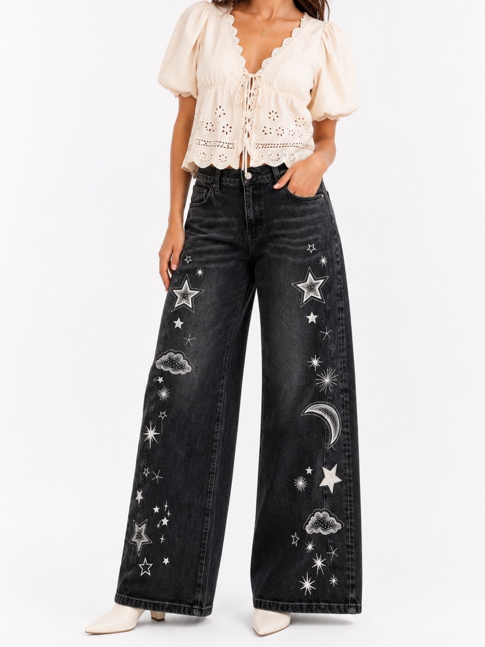 90Т.New Wide Leg  Embelished ,Embroid Black Jeans with White Celestial Embroider